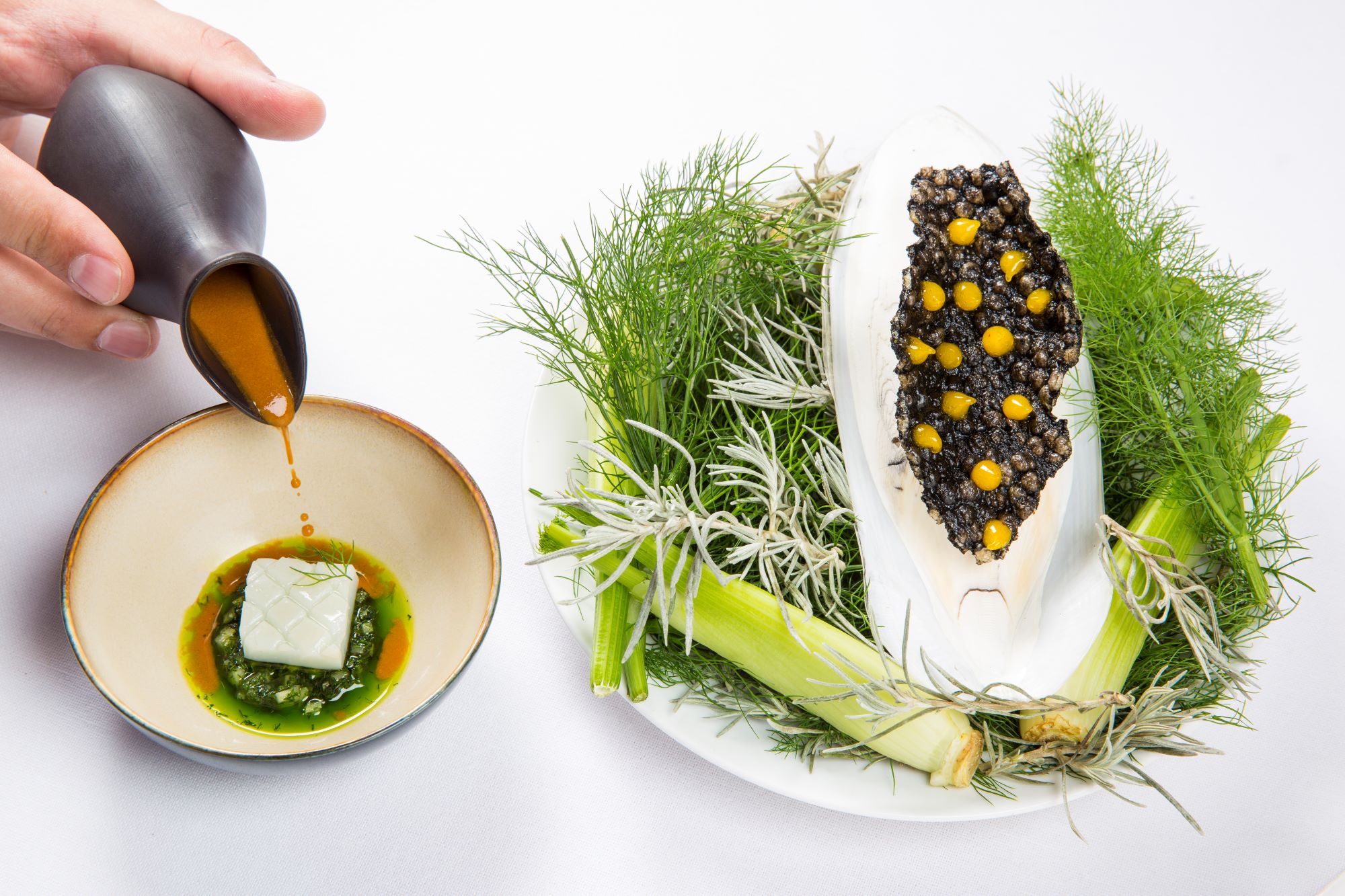Soupe de poisson de roches, seiche fumée, taboulé de fenouil. Thibaut Gamba, Chef du Clarance Hôtel Image